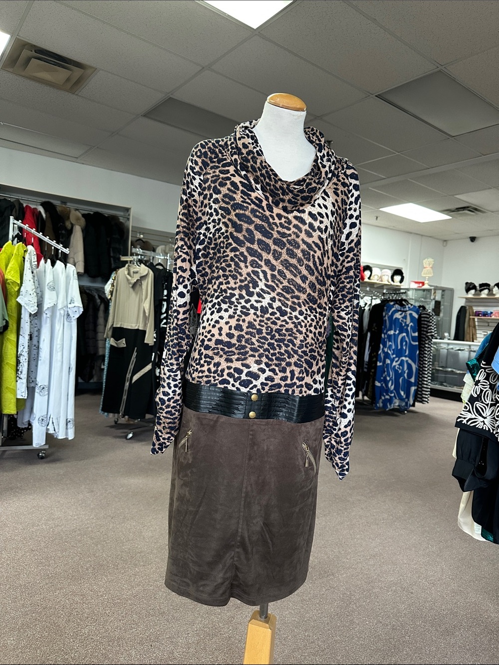 Leopard Print Midi Dress with Cowl Neck